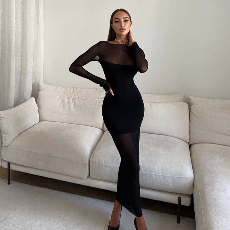 Women round Neck Long Sleeve Slim Fit Figure Flattering Dress Sexy Mesh Stitching Red Carpet Dress by Ragazza