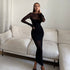 Women round Neck Long Sleeve Slim Fit Figure Flattering Dress Sexy Mesh Stitching Red Carpet Dress by Ragazza