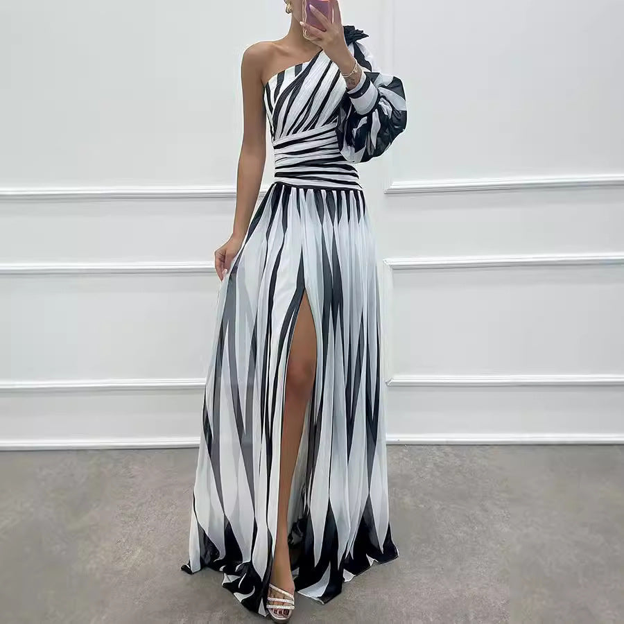 Spring Autumn Printed Diagonal Shoulder Split Dress Casual Loose Party Dress Dress by Ragazza