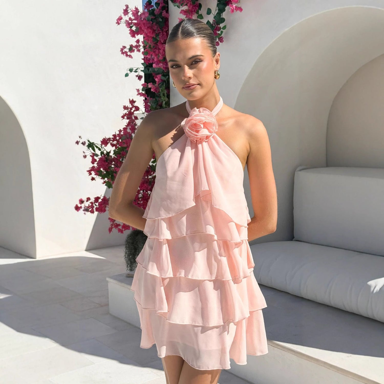 Summer Women Clothing Backless Halter Three Dimensional Floral Decorative Laminated Ruffled Short Dress by Ragazza