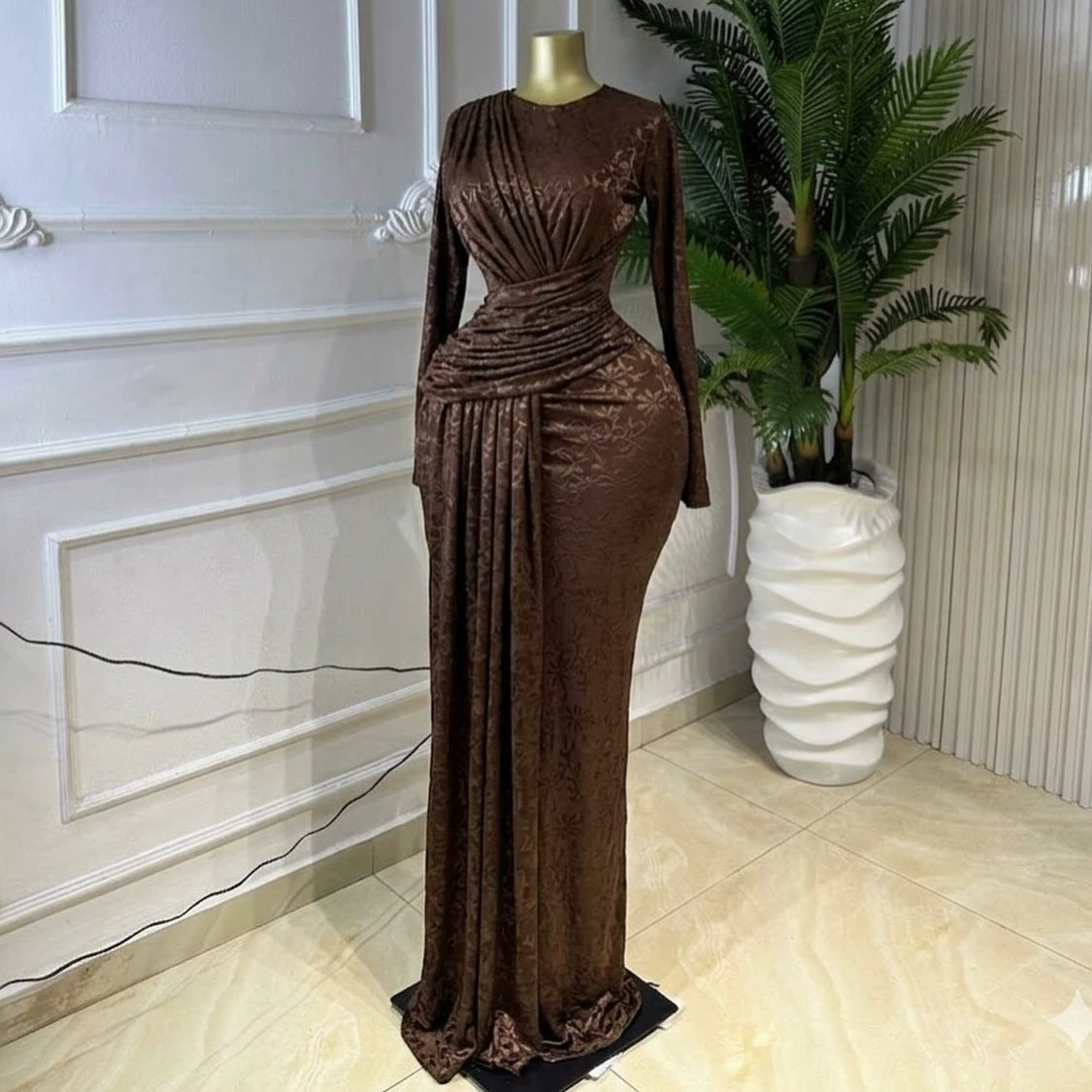 Women Clothing Spring Elegant Pleating Slim Printed Sheath Maxi Dress by Ragazza