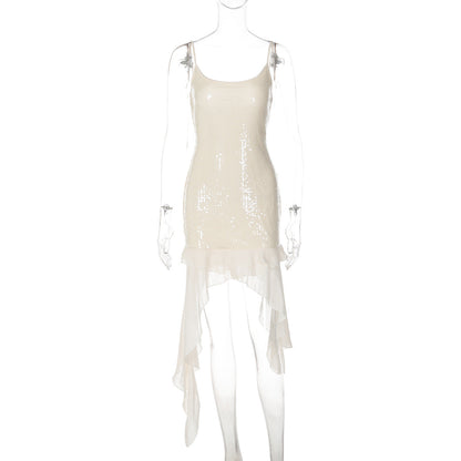 Sequin Backless Solid Color Slim Sexy Irregular Asymmetric Short Dress  DestGlow
