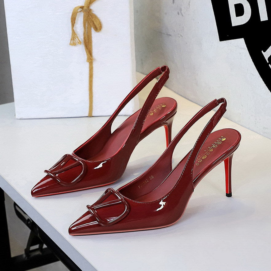 Pointed Stiletto Heel Back Empty V Buckle High Heel Shoes Patent Leather Sexy Red Bottom Party Shoes Pumps Women  DestGlow