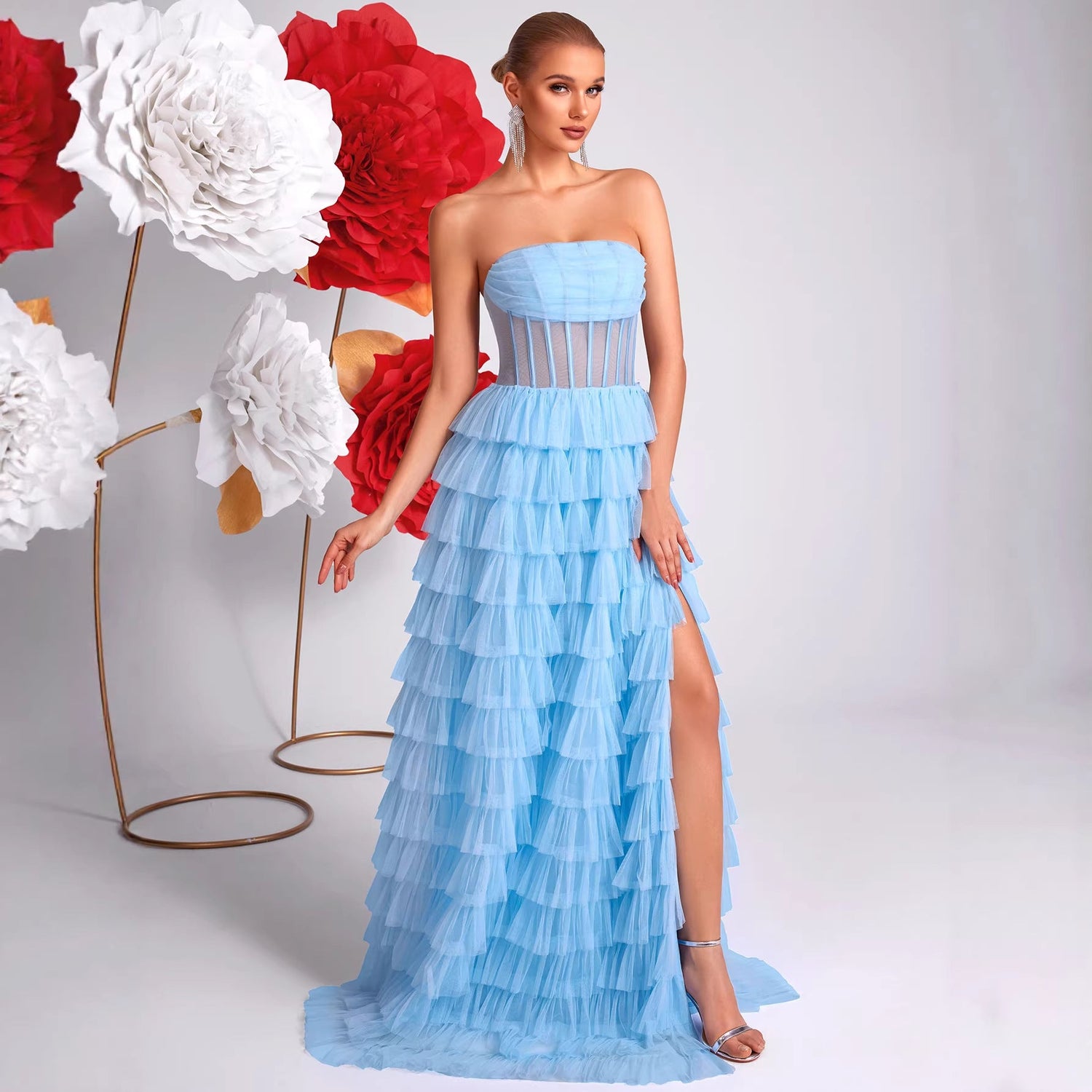 Ice Blue Strapless Evening Dress Three Dimensional Multi Layer Mesh Design See through Waist Split Cocktail Dress by Ragazza