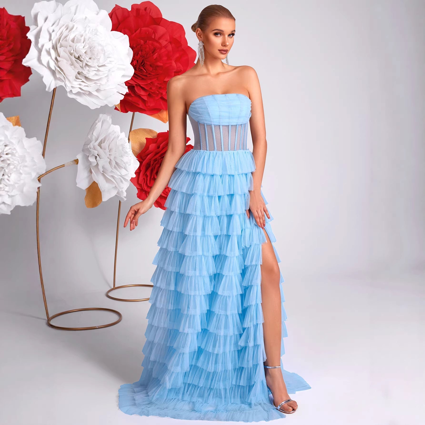 Ice Blue Strapless Evening Dress Three Dimensional Multi Layer Mesh Design See through Waist Split Cocktail Dress by Ragazza