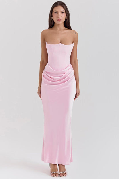 Dress Elegant Sexy Waist Trimming Tube Top Boning Corset Pleated Satin Sheath Dress  DestGlow