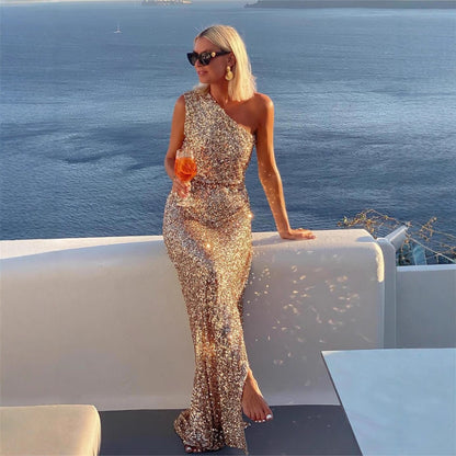 Summer One Shoulder Split Sequined off Shoulder Elegant Dress by Ragazza