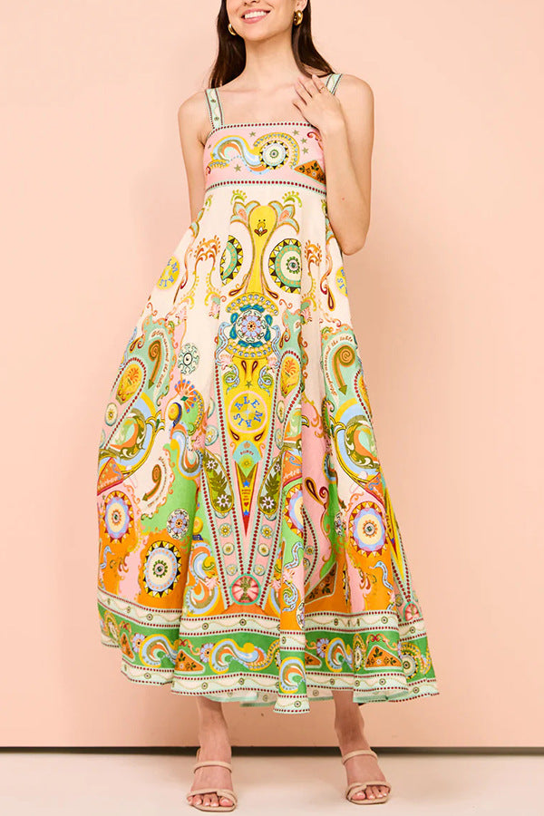 Sexy Women Clothing Sling Graffiti Printing Sleeveless Bow Swing Cotton Linen Dress by Ragazza