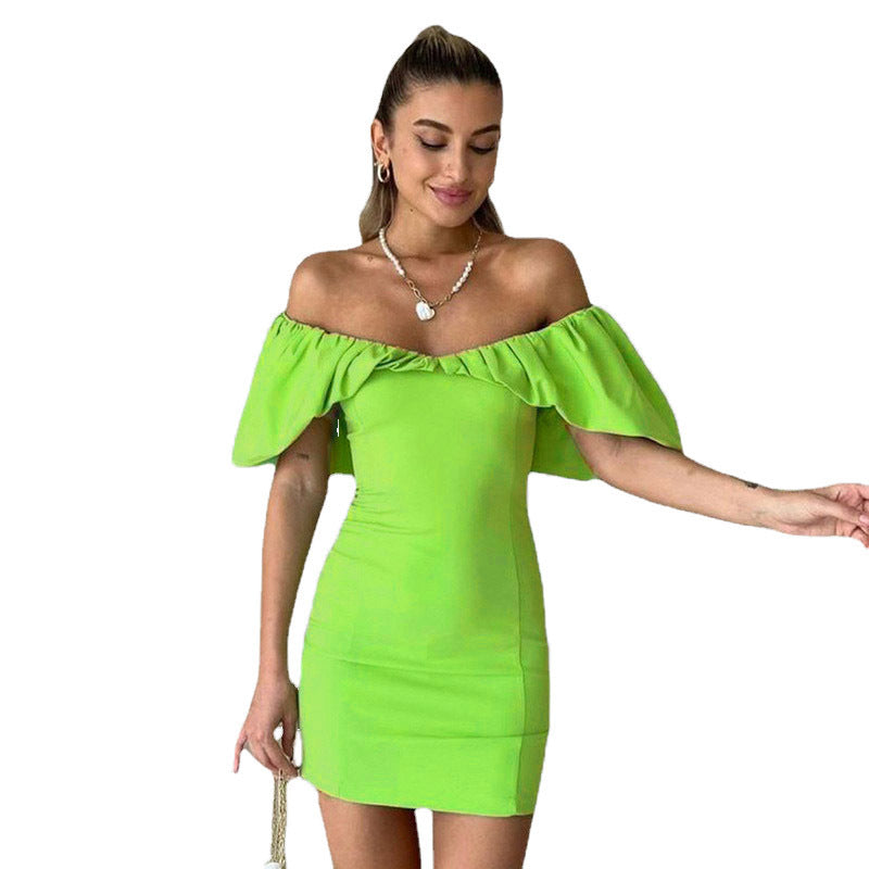 Spring Casual Vacation Tight Waist Slimming Sense Design Pleated Off Shoulder Hip Bag Dress by Ragazza