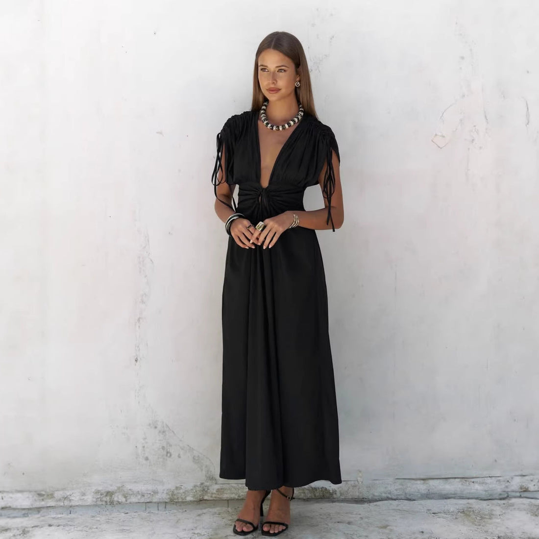 Summer Elegant Black Sexy Backless Deep V Plunge Lace up Slim Fit Short Sleeve French Dress Women by Ragazza