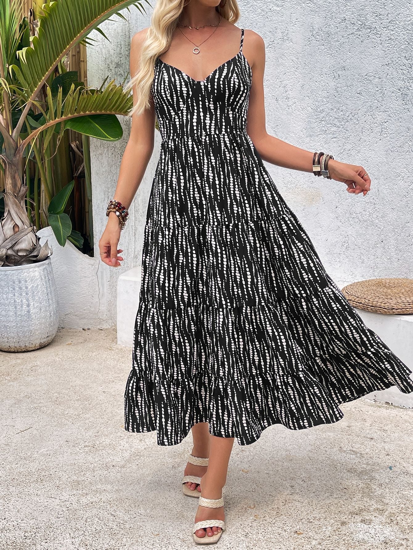 Summer Strap Backless Lace up Dress Striped Design Waist Slimming Vacation Dress  DestGlow