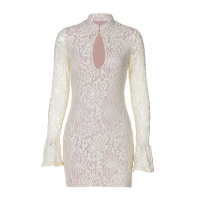 Women Clothing Winter Sexy Lace Cutout Package Hip Flare Sleeve Dress by Ragazza