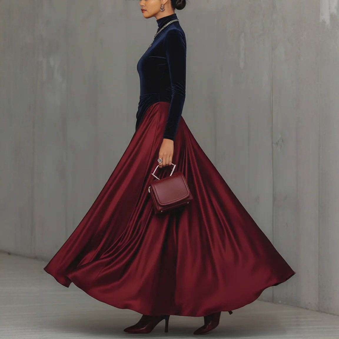 Spring Elegant Big Hem Umbrella Velvet Stitching Contrast Color Turtleneck Dress by Ragazza