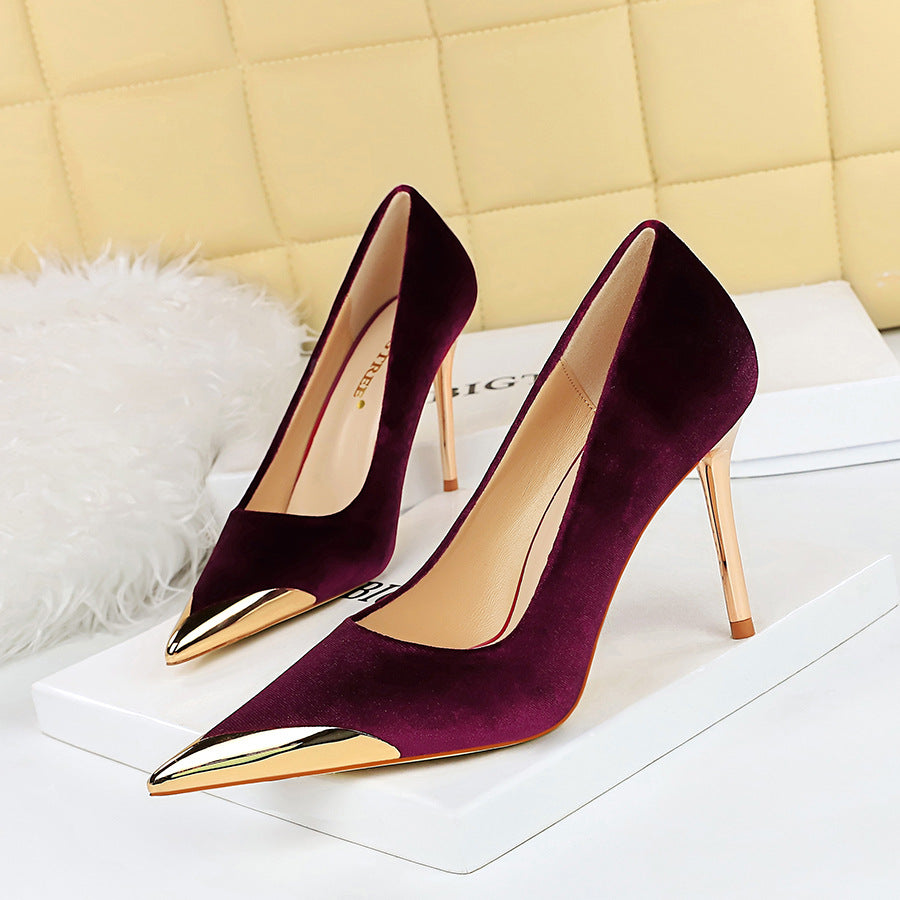 Cocktail Affordable Luxury High Heels Stiletto Heel Metal Pointed Toe Suede Women Thin Shoes  DestGlow