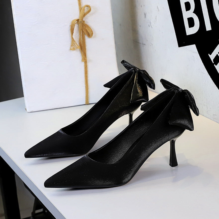 Cocktail Stiletto Heel Satin All Match Bow Pointed Toe Low Cut Shoes Classy High Heels Women  DestGlow