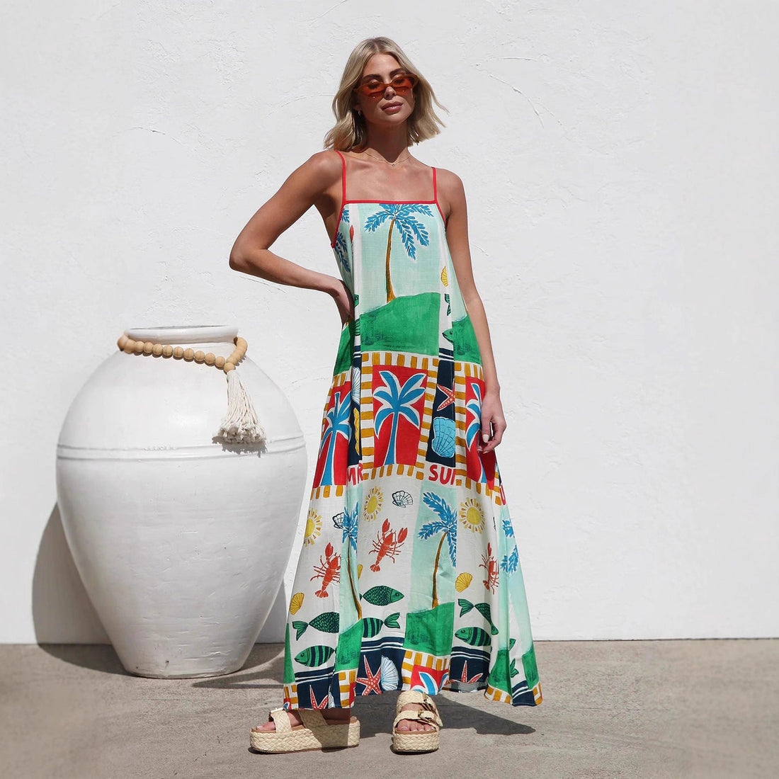Spring Summer Loose Casual Print off Neck Strap Dress Vacation Dress by Ragazza
