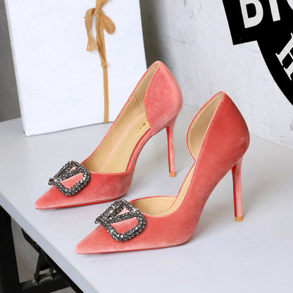 French Elegant Lady Ultra High Heel Stiletto Heel Red Bottom High Grade Rhinestone V Buckle Suede Shoes  DestGlow