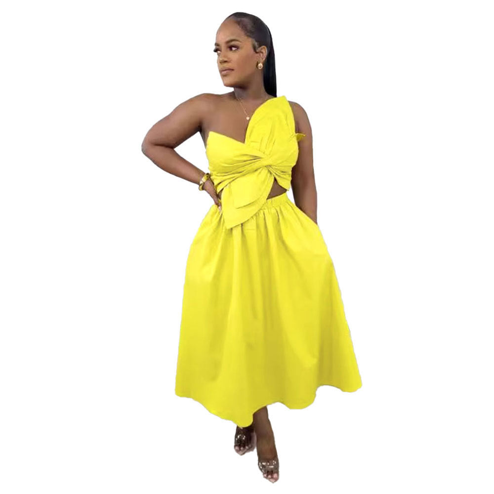 Sexy Solid Color Smocking One Shoulder Petal Hollow Out Cutout out Dress by Ragazza