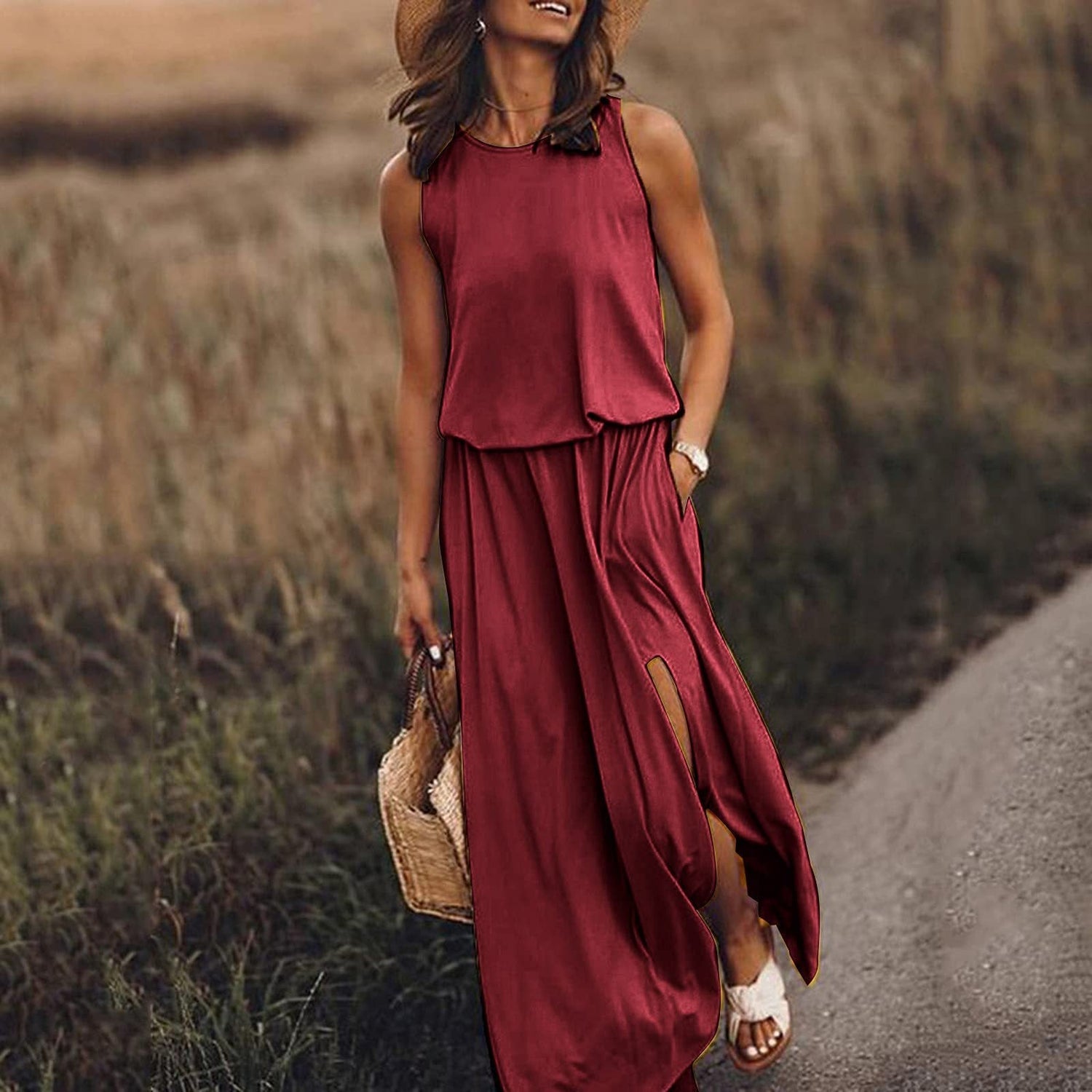 Spring Summer Women Clothing round Neck Sleeveless Dress Split Solid Color Casual Office Dress by Ragazza