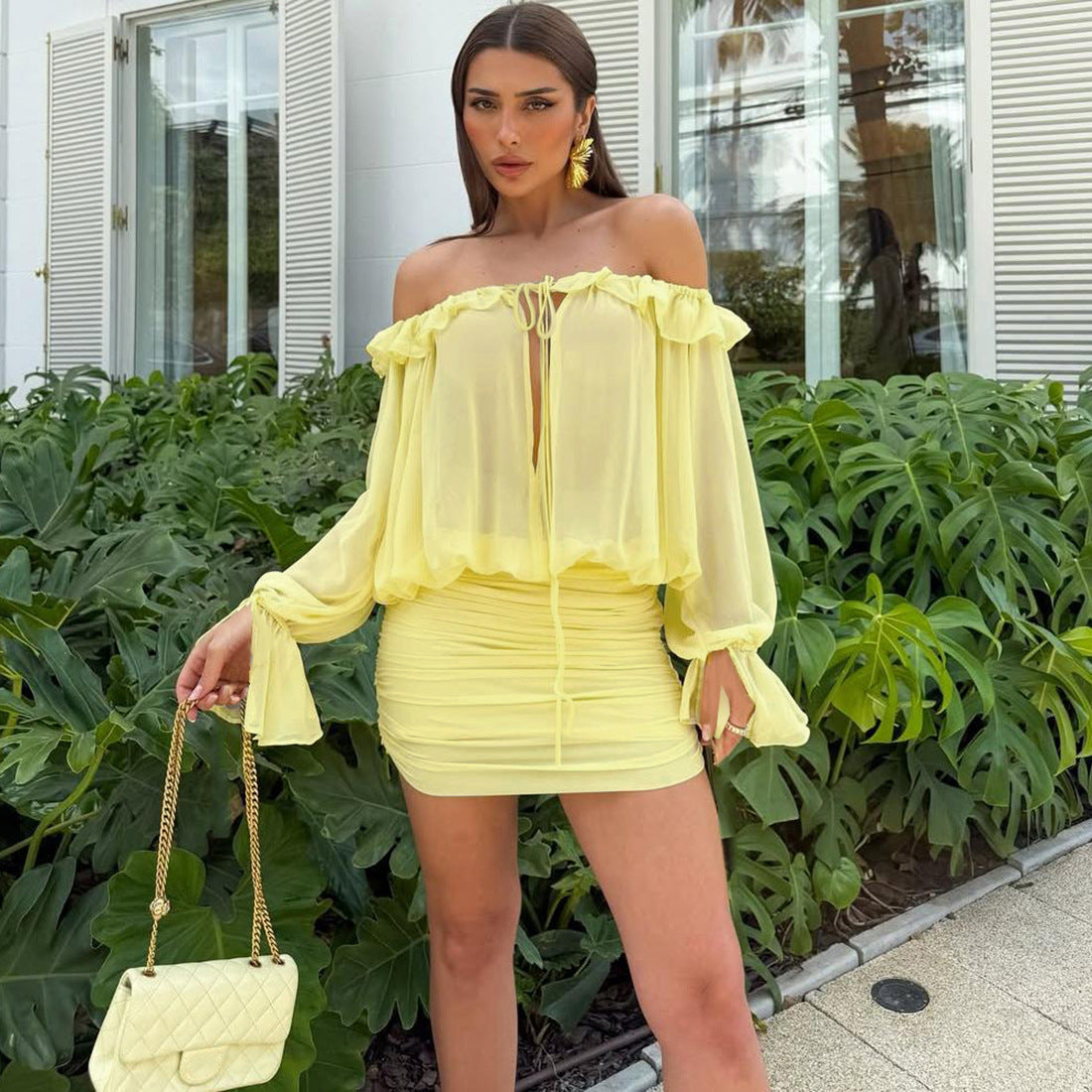 Fall Women Clothing Sexy off the Shoulder Hollow Out Cutout out Tied Solid Color Slim Hip Bag Dress by Ragazza