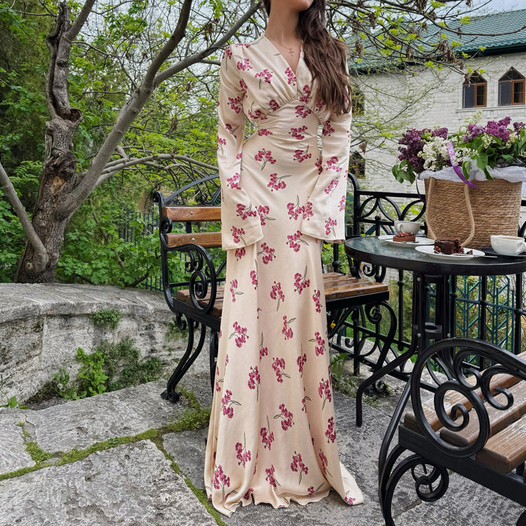 Women Clothing Spring Autumn Elegant Printed Satin Dress V neck Long Sleeve Lace up High Grade Dress by Ragazza