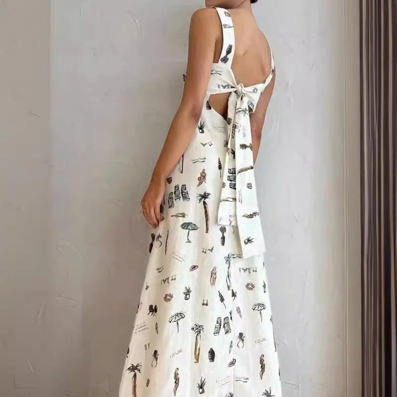 Bow Bandage Summer Maxi Dress Women Cothing Printed Sleeveless Office Long Suspender Amplified craft by Ragazza