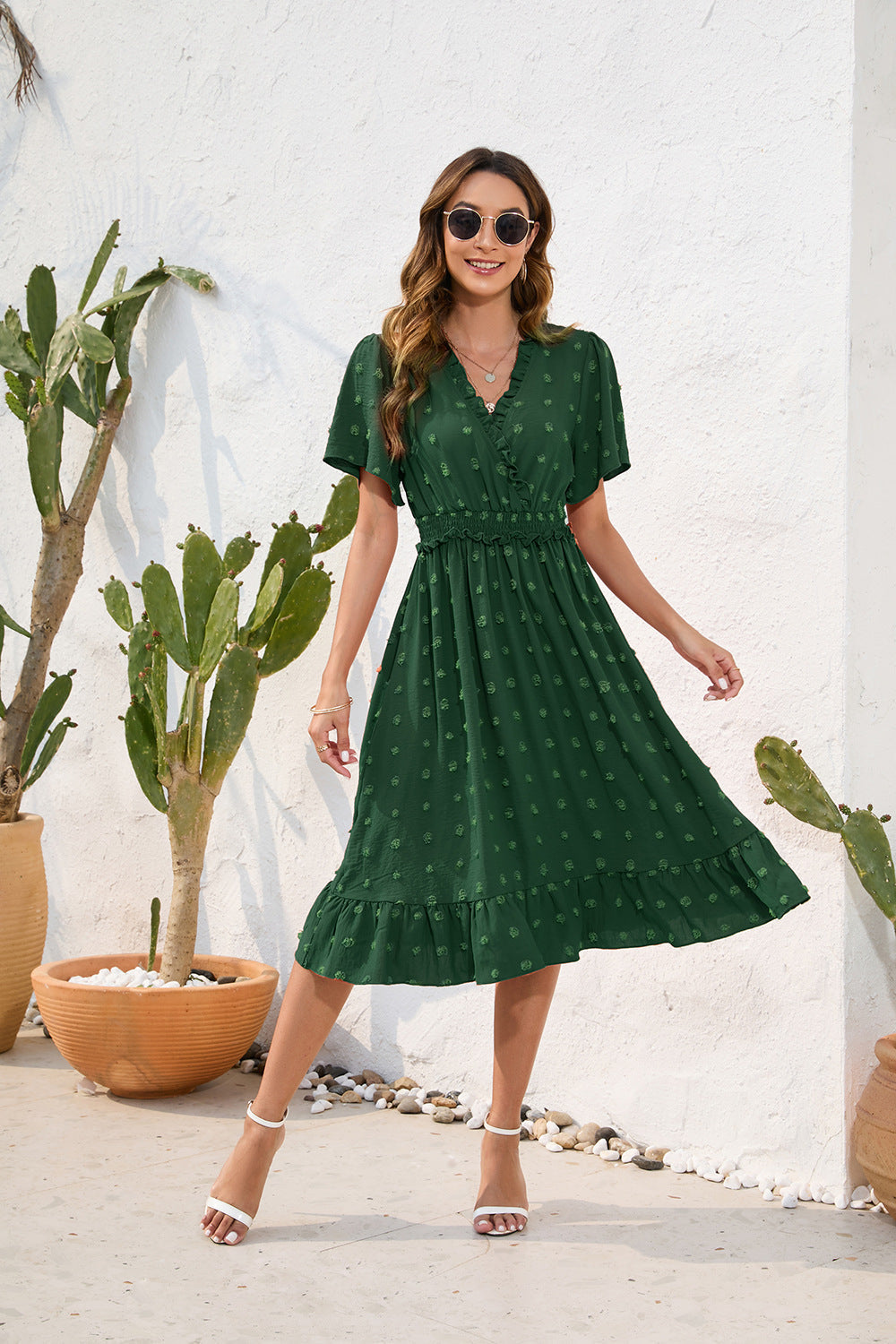 V neck High Waist Tied Dress Fur Ball Short Sleeve Dress Casual Vacation Travel Dress by Ragazza