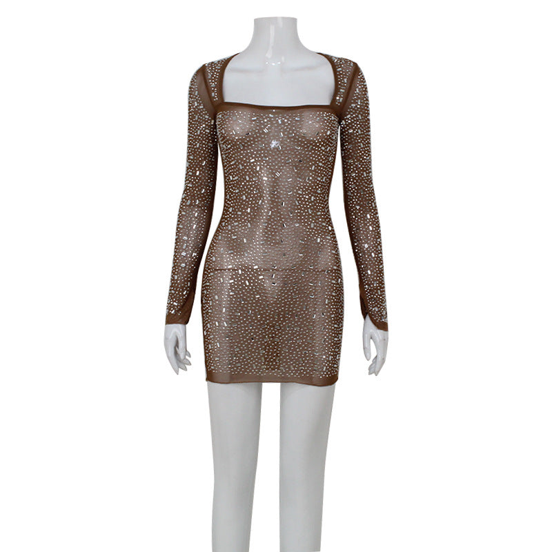 Arrival Women Clothing Square Collar Long Sleeve Rhinestone Affordable Luxury Sexy Dress High Waist Short Dress for Women by Ragazza