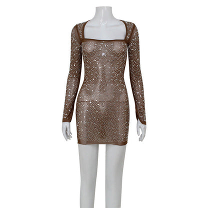 Arrival Women Clothing Square Collar Long Sleeve Rhinestone Affordable Luxury Sexy Dress High Waist Short Dress for Women by Ragazza