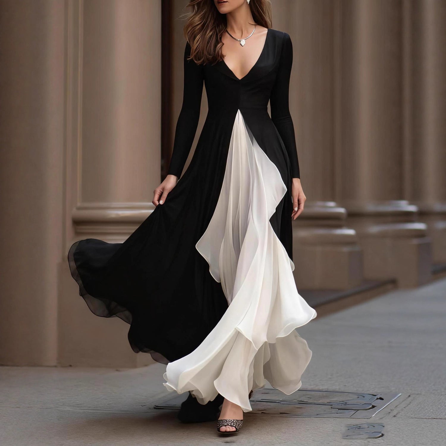 Long Sleeve V neck Slim Waist Dress French Black White Color Contrast Patchwork Large Swing Dress by Ragazza