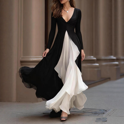 Long Sleeve V neck Slim Waist Dress French Black White Color Contrast Patchwork Large Swing Dress by Ragazza