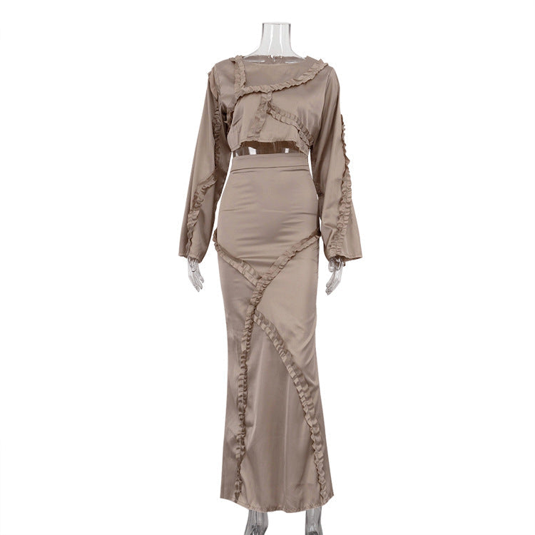 Graceful Fashionable Set Women Irregular Asymmetric Design Ruffled Long Sleeved Top Hip Skirt Two Piece Set by Ragazza