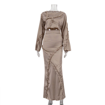 Graceful Fashionable Set Women Irregular Asymmetric Design Ruffled Long Sleeved Top Hip Skirt Two Piece Set by Ragazza