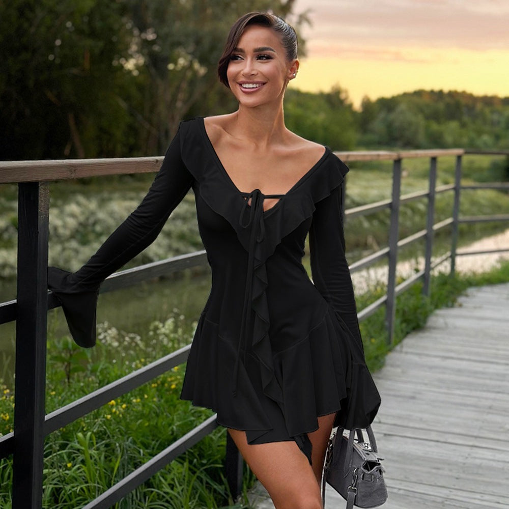 Women Clothing Ruffled Pointed Collar Rope Bell Sleeve Dress by Ragazza