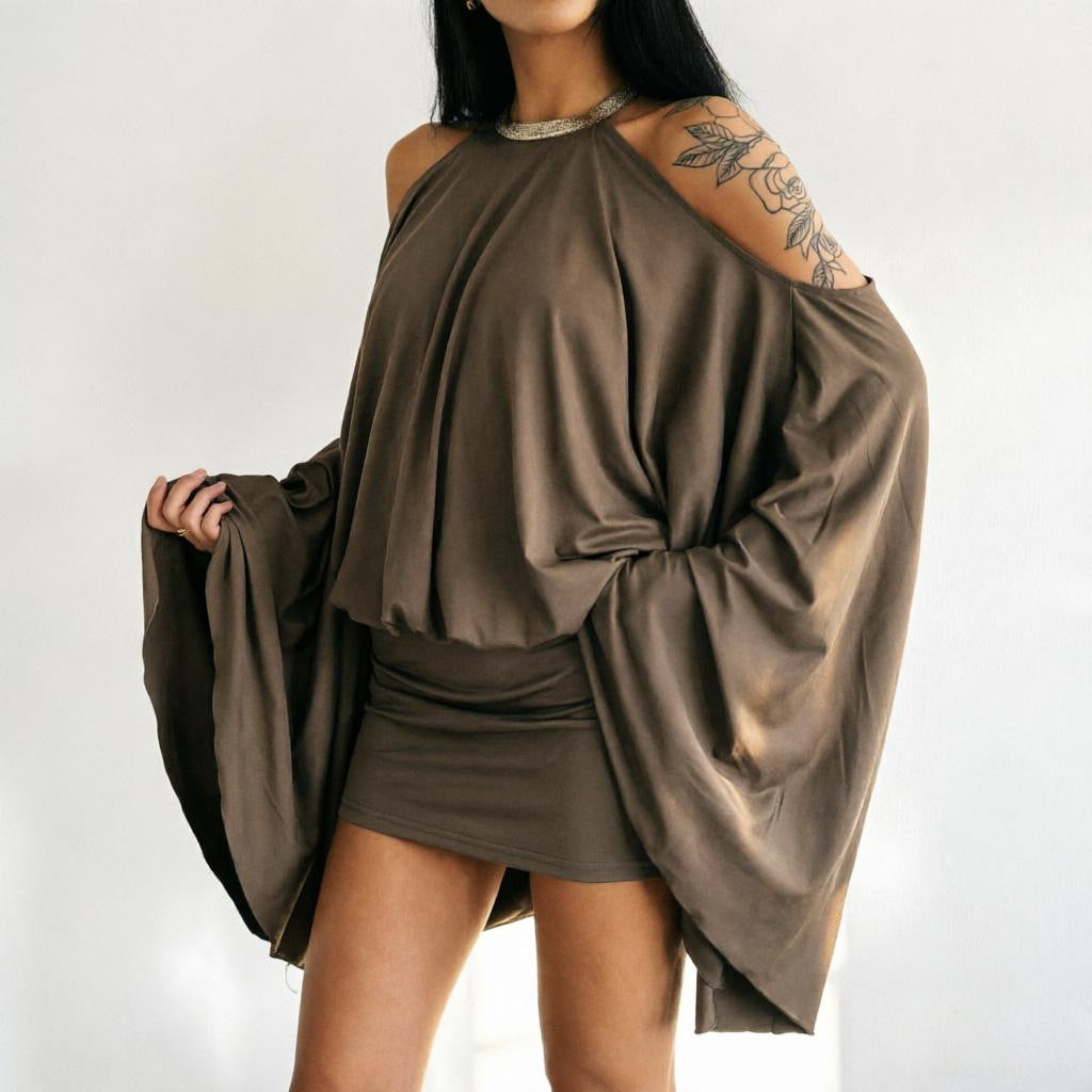 Sexy off Shoulder Backless Irregular Asymmetric Design Short Loose Batwing Sleeve Dress for Women  DestGlow