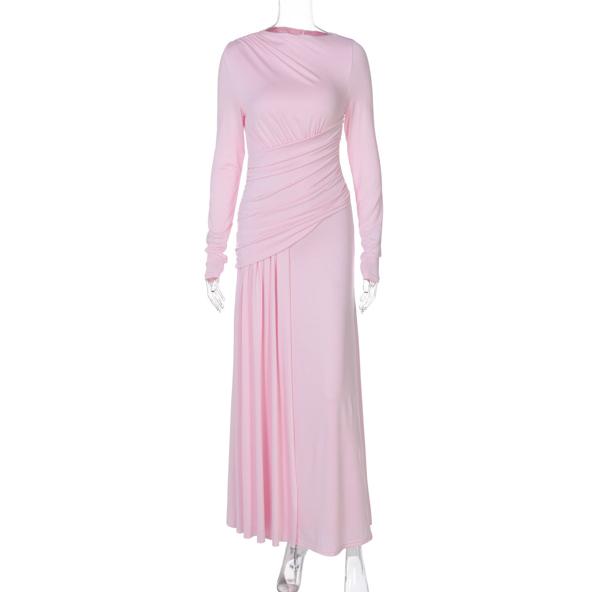 Women Clothing Summer Elegant Slim Pleated Zipper round Neck Long Sleeved Dress by Ragazza