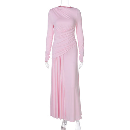 Women Clothing Summer Elegant Slim Pleated Zipper round Neck Long Sleeved Dress by Ragazza