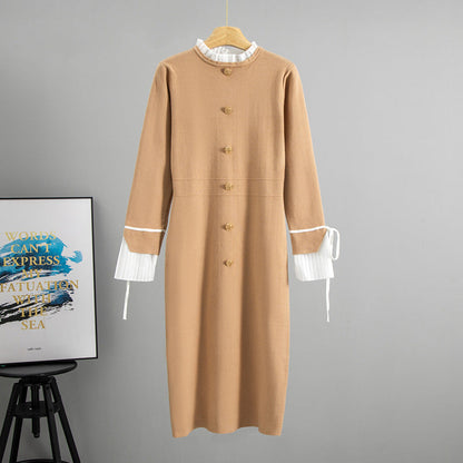 Autumn Hepburn Graceful Stand Collar Long Sleeve Chiffon Patchwork Dress Slim Fit Slimming Knitted Midi Dress  DestGlow