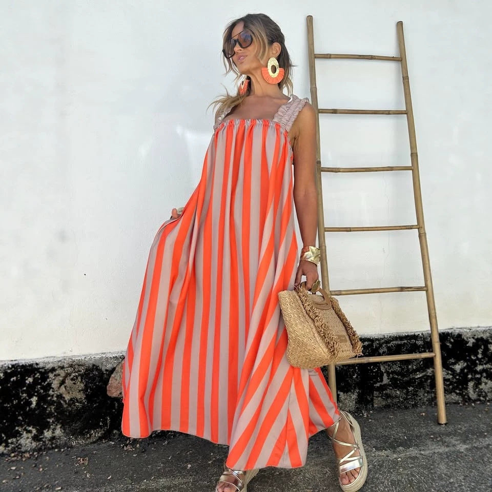Striped Print Loose A Hem Color Matching Sling Maxi Dress  DestGlow