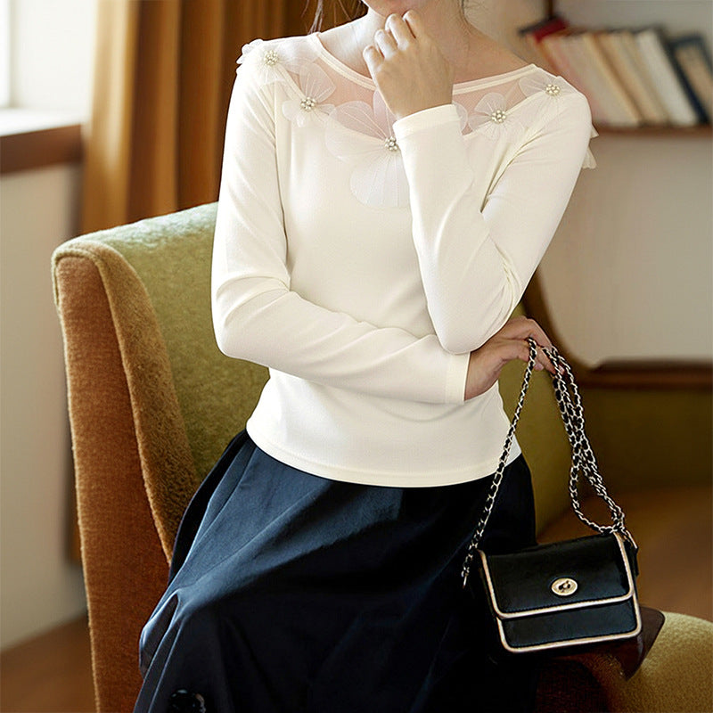 Spring Autumn Elegant Office Slim Fit Three Dimensional Floral Mesh Stitching Solid Color Top Women by Ragazza