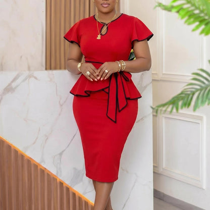 Women Clothing African Bell Sleeve round Neck Multicolor Lace up Ruffled Sheath Dress  DestGlow