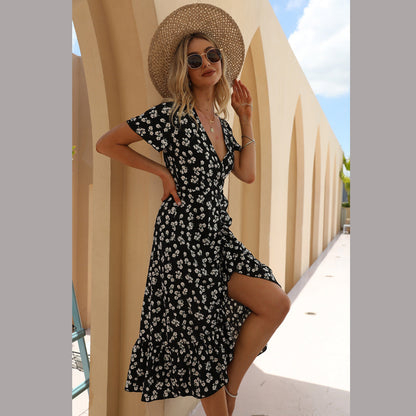 Summer Sexy Chiffon Printed V-neck Dress Ruffled Beach Dress by Ragazza