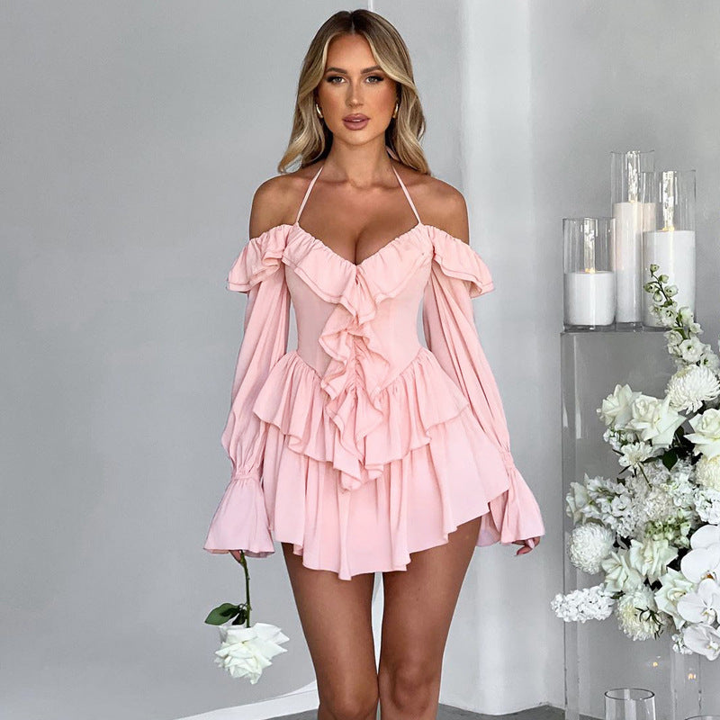Women Clothing Autumn Sexy Halter Low Cut Ruffled Long Sleeve Romper by Ragazza