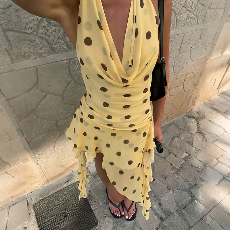 Summer Women Clothing Sexy Halter Swing Collar Sleeveless Slim Dot Mesh Dress for Women  DestGlow