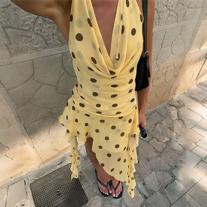 Summer Women Clothing Sexy Halter Swing Collar Sleeveless Slim Dot Mesh Dress for Women  DestGlow