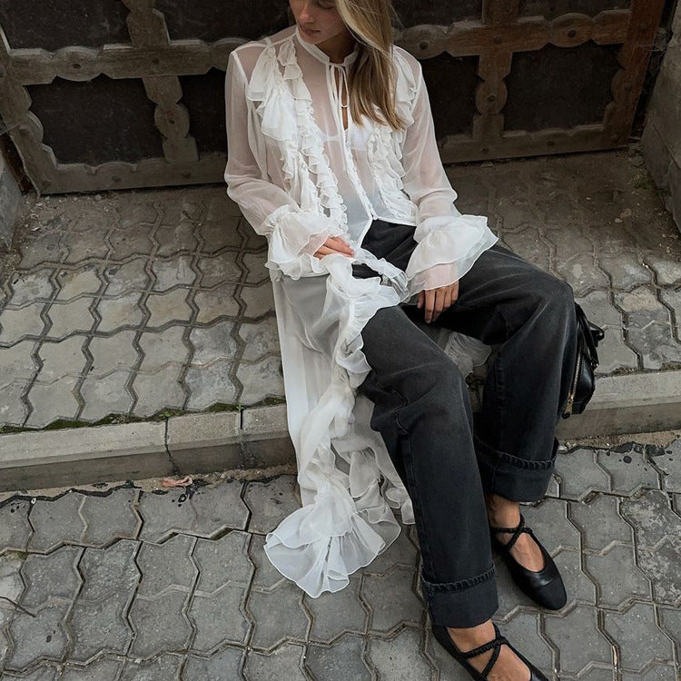 Women Clothing Design Ruffled Chiffon Dress Sexy Sheer Long Sleeve Single Breasted Sexy Dress by Ragazza