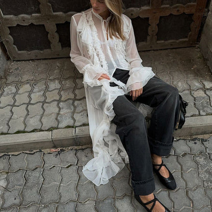Women Clothing Design Ruffled Chiffon Dress Sexy Sheer Long Sleeve Single Breasted Sexy Dress by Ragazza