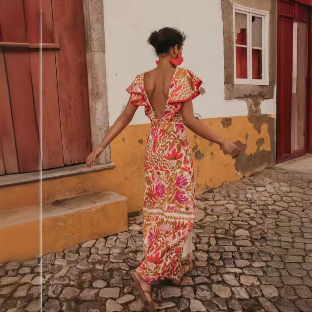V neck Flounce Slit Positioning Floral Backless Dress by Ragazza