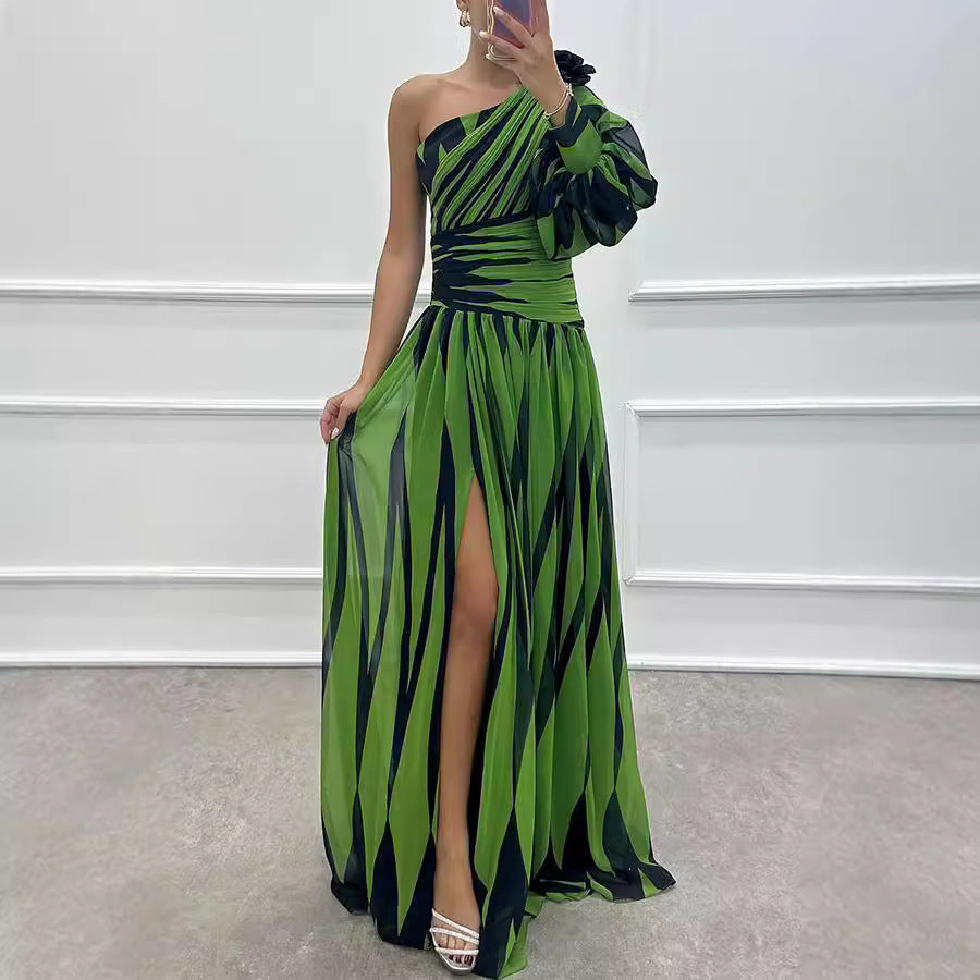 Spring Autumn Printed Diagonal Shoulder Split Dress Casual Loose Party Dress Dress by Ragazza