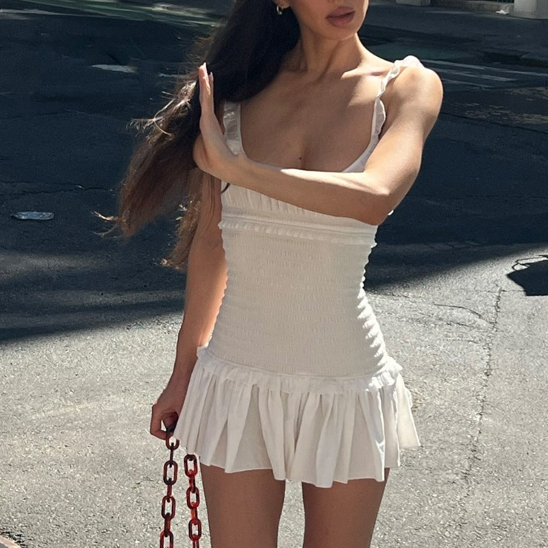 Women Clothing Spring Sexy Elegant Wooden Ear Pleated Strap Pleated Dress Short for Women by Ragazza